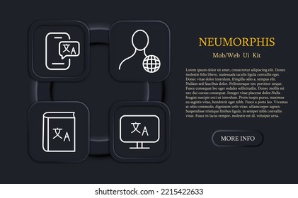 Interpreter setzt Symbol. Übersetzer, Übersetzen Sie die Seite in Ihre Sprache, zeigen Sie Original, wählen Sie Sprache, Dragoman, Wörterbuch, Polyglot, Vokabular. Versionist-Konzept. Neomorphismus-Stil
