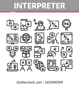 Interpreter Translator Collection Icons Set Vector. Interpreter In Smartphone And Web Site, Laptop And Microphone, Language Linguist Concept Linear Pictograms. Monochrome Contour Illustrations