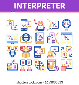 Interpreter Translator Collection Icons Set Vector. Interpreter In Smartphone And Web Site, Laptop And Microphone, Language Linguist Concept Linear Pictograms. Color Illustrations