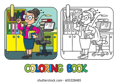 Interpreter or translator coloring book. A smart woman in round glasses with books and headset, raised index finger in office. Profession ABC series. Alphabet.  Children vector illustration. Letter I