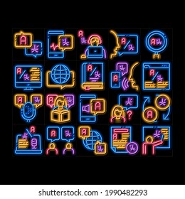 Interpreter Translator neon light sign vector. Glowing bright icon  Interpreter In Smartphone And Web Site, Laptop And Microphone, Language Linguist Illustrations