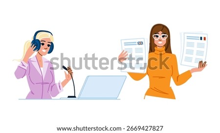 interpreter translator woman vector. communication translation, linguistics culture, global text interpreter translator woman character. people flat cartoon illustration