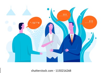 Interpreter vector concept flat illustration with businessman and woman translator.