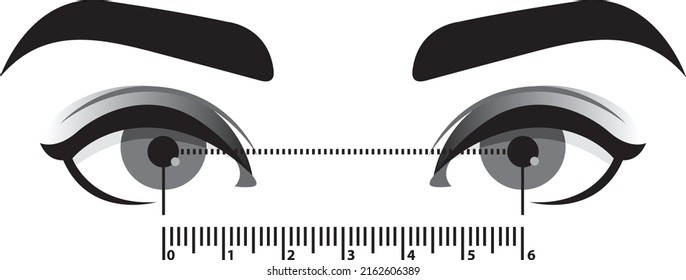 Plantilla de medición de distancia interpupicada. Se estiliza el cierre de los ojos para determinar la distancia entre los ojos. Ayuda para la selección del tamaño de las gafas. Ilustración monocromática del vector