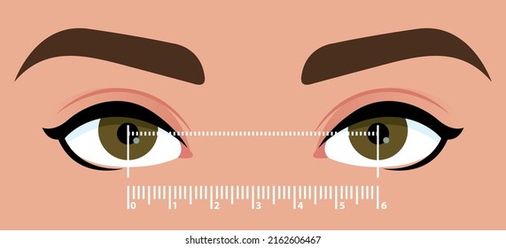 Plantilla de medición de distancia interpupicada. Se estiliza el cierre de los ojos para determinar la distancia entre los ojos. Ayuda para la selección del tamaño de las gafas. Ilustración del vector