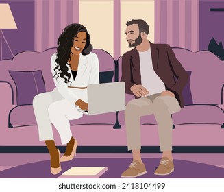 Interracial business couple sitting on the sofa in living room lounge zone. Coworkers working together on laptop. Friends, Colleagues Woman, Man with computer. Vector illustration. Not generative AI.