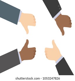 Interracial Business Man Hands Gesturing Like and Dislike Flat Vector Illustration Isolated on White