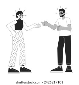 Interracial couple argument black and white cartoon flat illustration. Unhappy married pair 2D lineart characters isolated. Emotional expressing, body language monochrome scene vector outline image