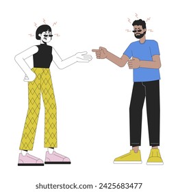 Interracial couple argument line cartoon flat illustration. Unhappy married pair 2D lineart characters isolated on white background. Emotional expressing, body language scene vector color image