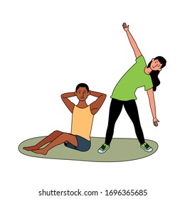 atleta de pareja interracial practicando el ejercicio personajes ilustraciones vectoriales
