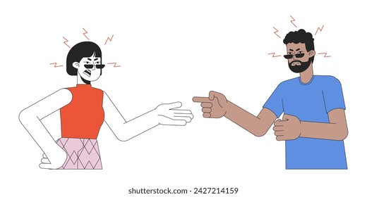 Interracial couple breakup relationships 2D linear cartoon characters. Fighting married adults isolated line vector people white background. Gesture body language color flat spot illustration