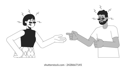 Interracial couple breakup relationships black and white 2D line cartoon characters. Fighting adults isolated vector outline people. Gesture body language monochromatic flat spot illustration