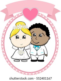 interracial couple bride and groom with white suit on round frame whit heart and empty banner isolated on white background, ideal for funny wedding invitation