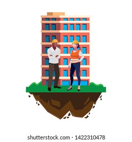 interracial couple of builders workers with building