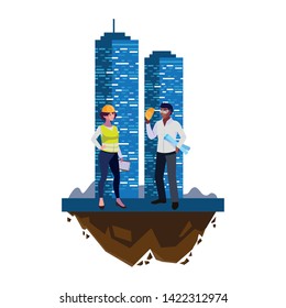 interracial couple of builders workers with building