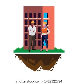 interracial couple of builders workers with building