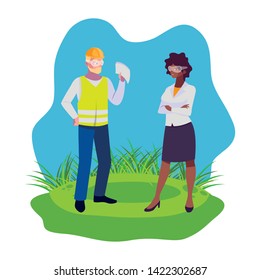 interracial couple builders workers on the lawn