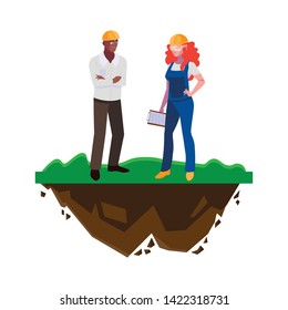 interracial couple builders workers on the lawn