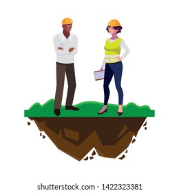 interracial couple builders workers on the lawn