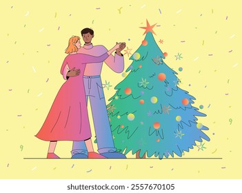 Interracial couple dancing by decorated Christmas tree. Male dark-skinned and female characters celebrating together. Festive confetti in background. Flat vector illustration of family holiday.