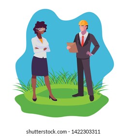 interracial couple of engineers builders on the lawn