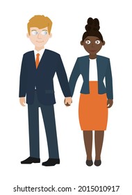 Interracial couple flat color vector detailed characters. Boyfriend girlfriend married holding hands