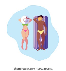 interracial couple with float mattress in water