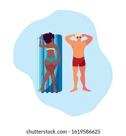 interracial couple with float mattress in water vector illustration design