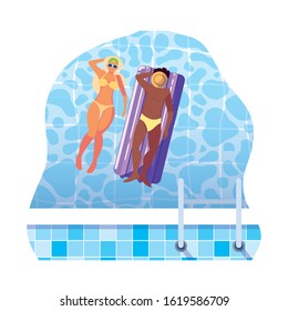 interracial couple with float mattress in water vector illustration design