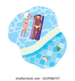 interracial couple with float mattress in water vector illustration design