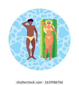 interracial couple with float mattress in water vector illustration design