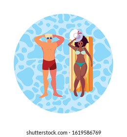 interracial couple with float mattress in water vector illustration design