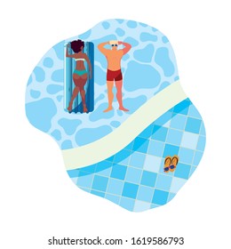 interracial couple with float mattress in water vector illustration design