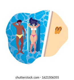 interracial couple with float mattress in water vector illustration design