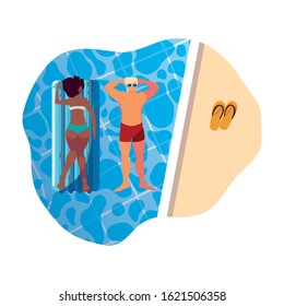 interracial couple with float mattress in water vector illustration design