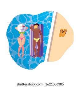 interracial couple with float mattress in water vector illustration design