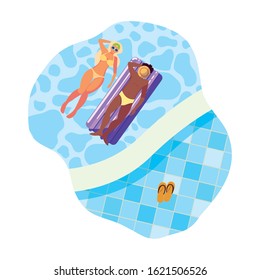 interracial couple with float mattress in water vector illustration design