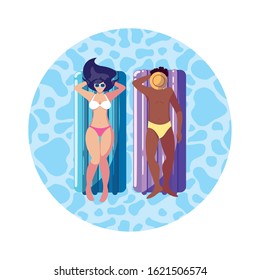 interracial couple with float mattress in water vector illustration design