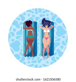 interracial couple with float mattress in water vector illustration design