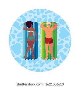 interracial couple with float mattress in water vector illustration design