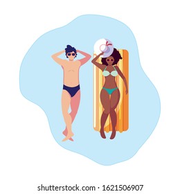 interracial couple with float mattress in water vector illustration design