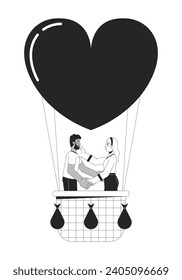 Interracial couple floating on air balloon black and white 2D line cartoon characters. Affectionate boyfriend girlfriend isolated vector outline people. Ballooning monochromatic flat spot illustration