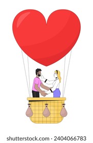 Pareja interracial flotando en globo de aire caliente personajes de caricatura lineal 2D. Affeccionada novia novio aisló a la gente del vector de línea de fondo blanco. Ilustración de manchas planas de color globo