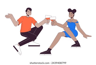 Interracial couple glasses clinking 2D linear cartoon characters. Toasting drinks wineglasses. 2 young adults isolated line vector people white background. Cheers wine color flat spot illustration