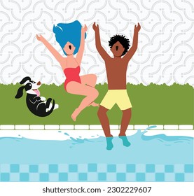 Interracial Couple Having Fun and Jumping in Pool with Dog in Playful Scene