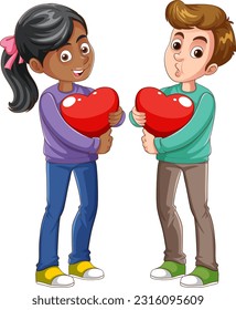 Interracial couple couple hugging cartoon character holding heart illustration