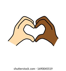 Interracial couple love and marriage vector design with two different skin tones hands touching fingers making heart symbol gesture. 