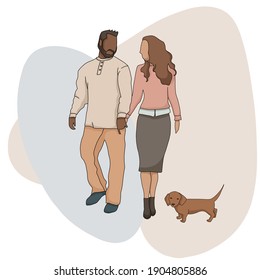 Interracial Couple Man And Woman Walking With Little Dog, Puppy