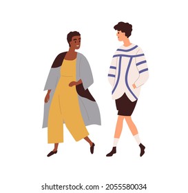 Interracial couple of man and woman walking and talking. Biracial friends chatting. Happy people strolling. Boyfriend and girlfriend at meeting. Flat vector illustration isolated on white background