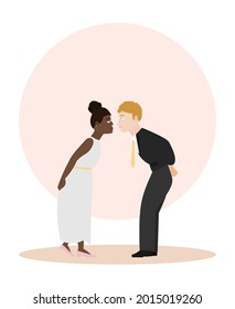 Interracial couple married kiss marriage. Bride and groom Style flat. 

